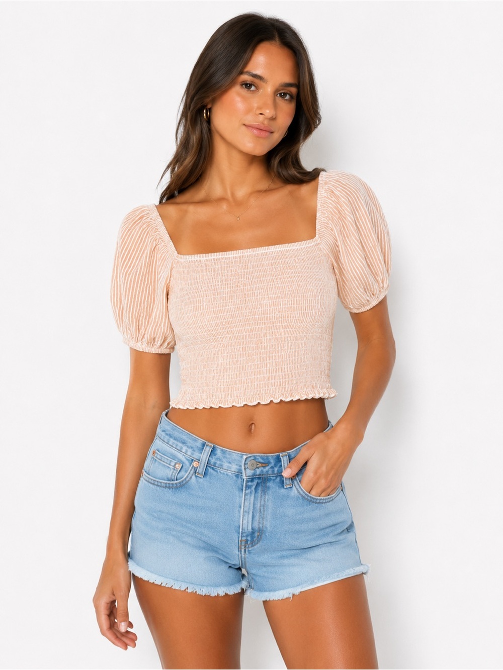 Caution To The Wind Peach Smocked Puff Sleeve Crop Top